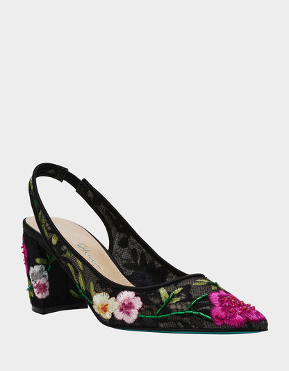 Betsey Johnson Latest - LIRA BLACK MULTI FLORAL Pointed-Toe Slingback Mesh Women's Heel