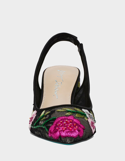 Betsey Johnson Latest - LIRA BLACK MULTI FLORAL Pointed-Toe Slingback Mesh Women's Heel
