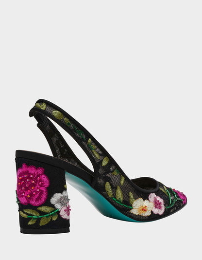 Betsey Johnson Latest - LIRA BLACK MULTI FLORAL Pointed-Toe Slingback Mesh Women's Heel