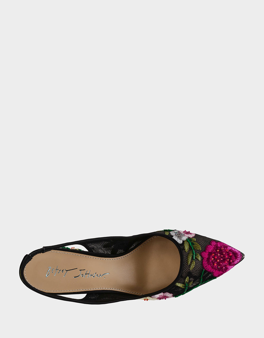 Betsey Johnson Latest - LIRA BLACK MULTI FLORAL Pointed-Toe Slingback Mesh Women's Heel