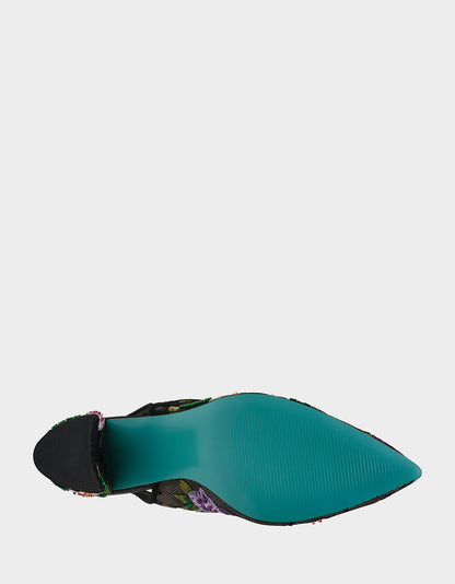 Betsey Johnson Latest - LIRA BLACK MULTI FLORAL Pointed-Toe Slingback Mesh Women's Heel