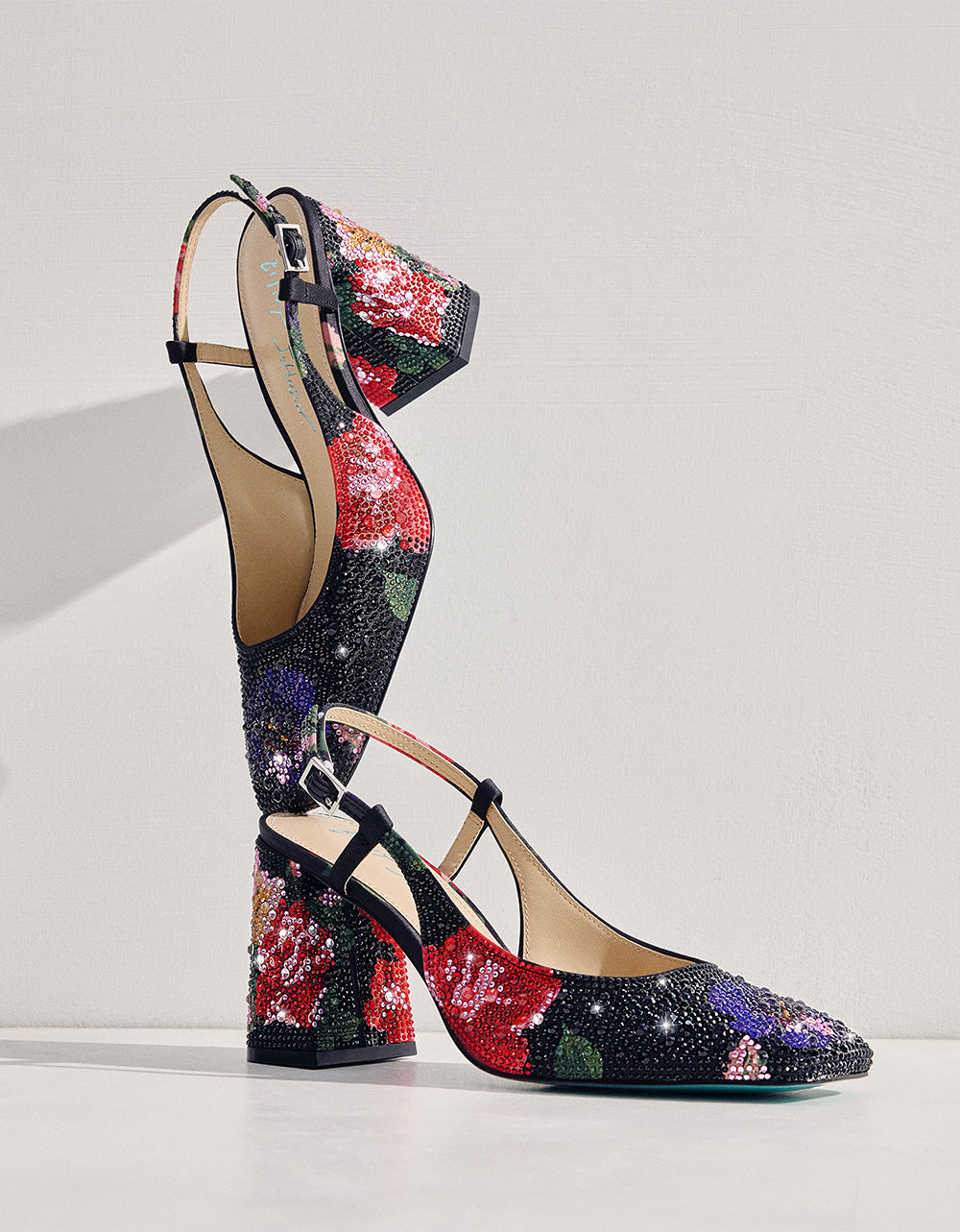 Betsey Johnson New - ELIAS BLACK MULTI FLORAL Square-Toe Slingback Women's Block Heel