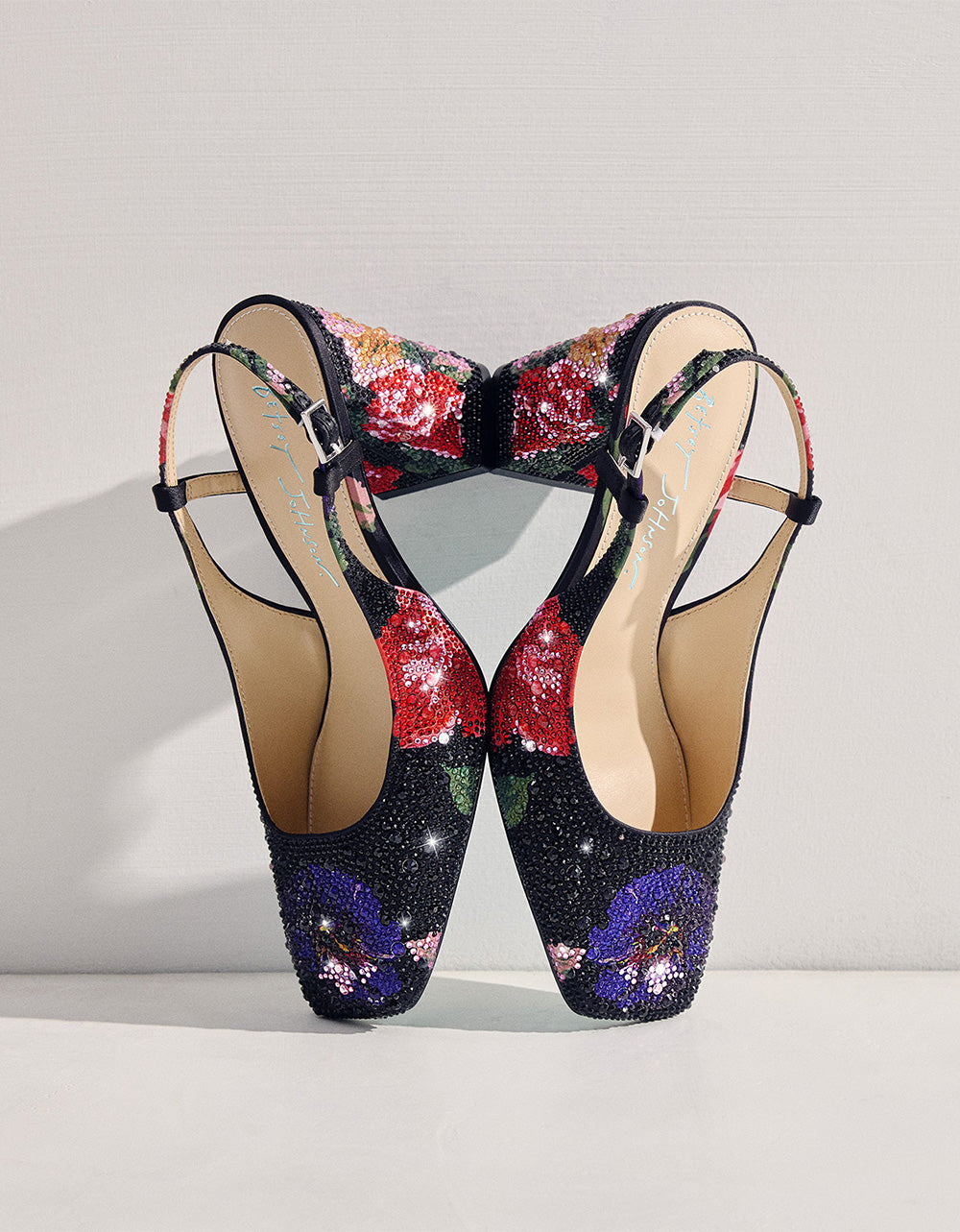 Betsey Johnson New - ELIAS BLACK MULTI FLORAL Square-Toe Slingback Women's Block Heel