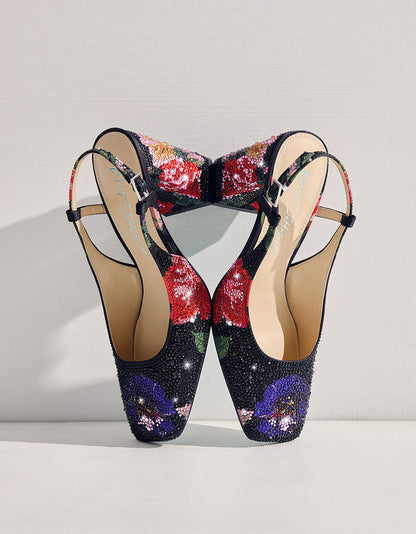 Betsey Johnson New - ELIAS BLACK MULTI FLORAL Square-Toe Slingback Women's Block Heel