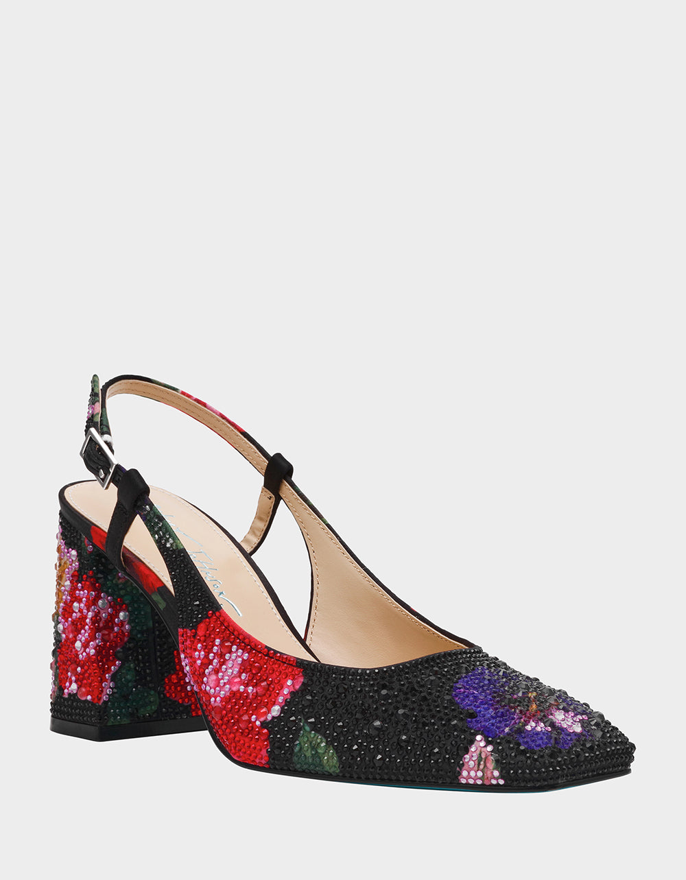 Betsey Johnson New - ELIAS BLACK MULTI FLORAL Square-Toe Slingback Women's Block Heel