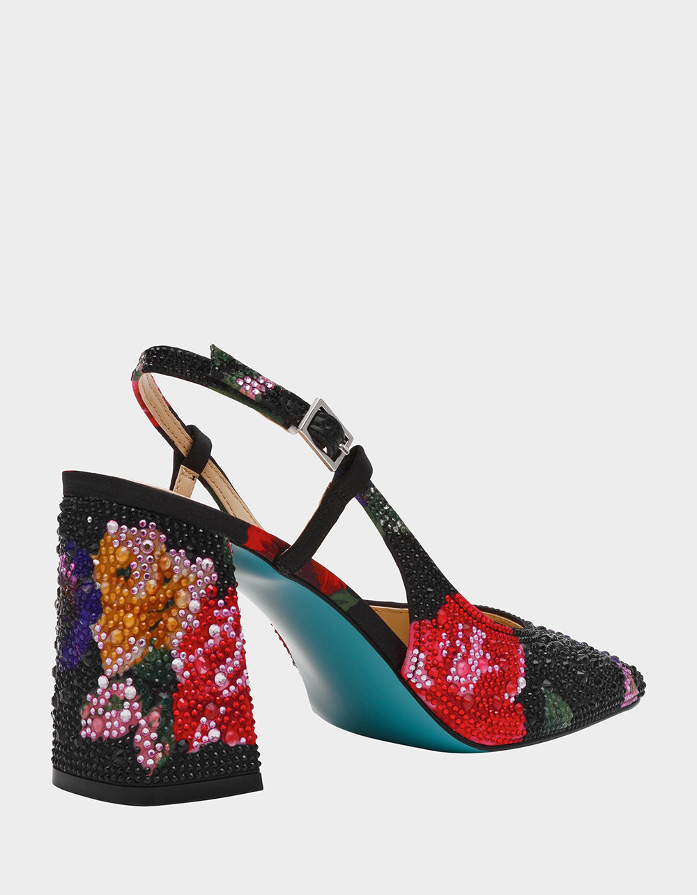 Betsey Johnson New - ELIAS BLACK MULTI FLORAL Square-Toe Slingback Women's Block Heel