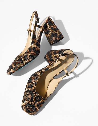 Betsey Johnson Special Offer - ELIAS LEOPARD Square-Toe Slingback Block Heels