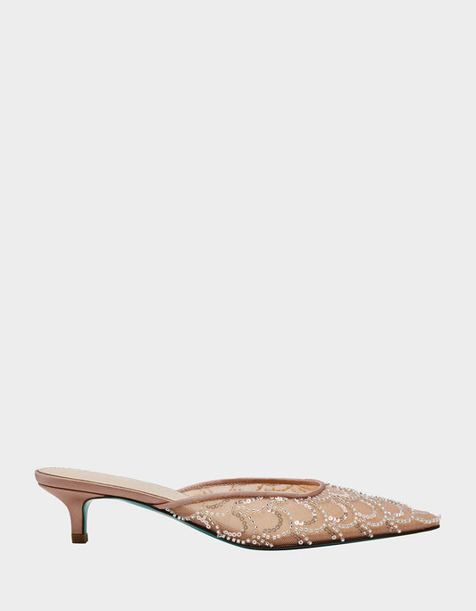 Betsey Johnson Popular - ELLIS NUDE Pointed-Toe Mesh Embellished Mule Women's Kitten Heel