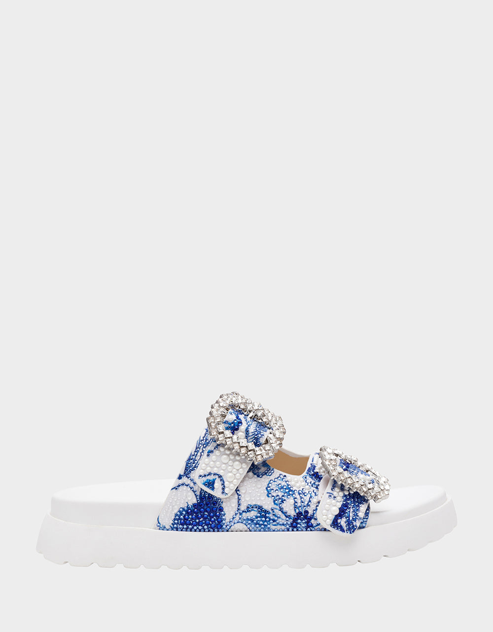 Betsey Johnson New - MATIE WHITE BLUE FLORAL Women's Footbed Slip-On Floral Rhinestone Sandal