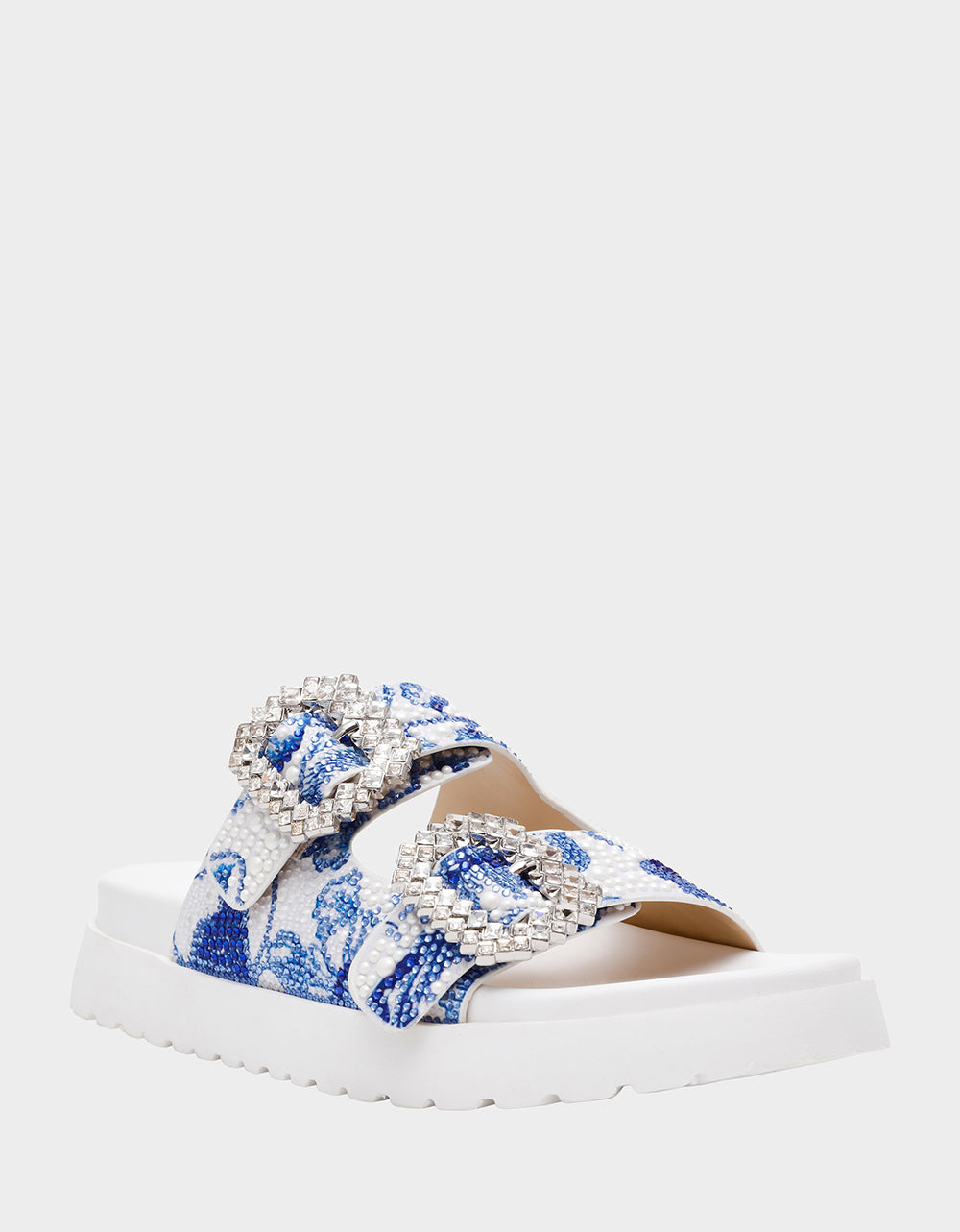 Betsey Johnson New - MATIE WHITE BLUE FLORAL Women's Footbed Slip-On Floral Rhinestone Sandal