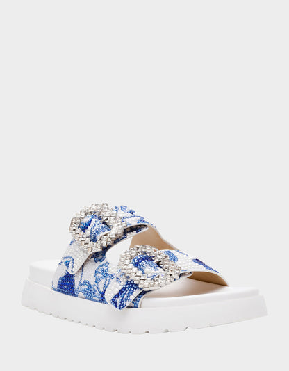 Betsey Johnson New - MATIE WHITE BLUE FLORAL Women's Footbed Slip-On Floral Rhinestone Sandal