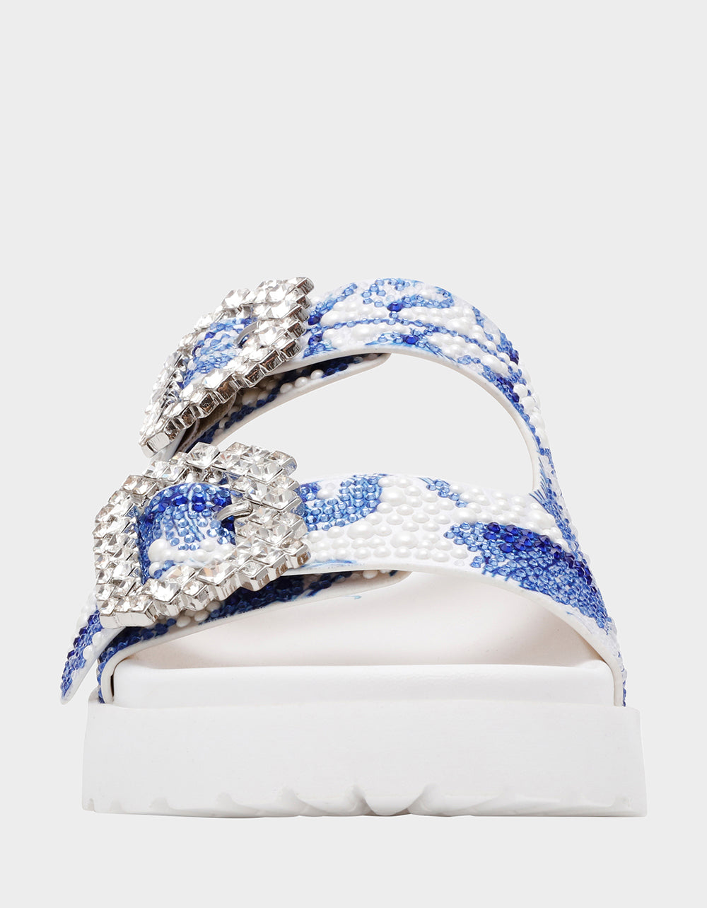 Betsey Johnson New - MATIE WHITE BLUE FLORAL Women's Footbed Slip-On Floral Rhinestone Sandal