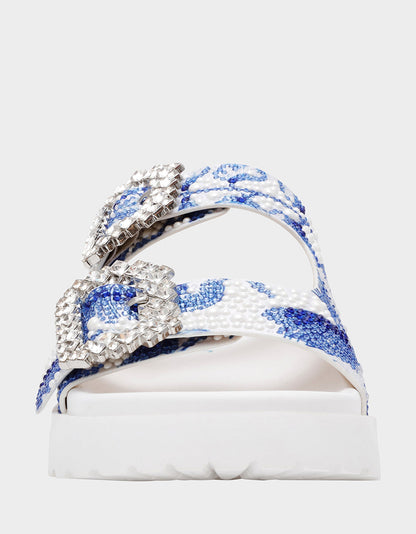 Betsey Johnson New - MATIE WHITE BLUE FLORAL Women's Footbed Slip-On Floral Rhinestone Sandal