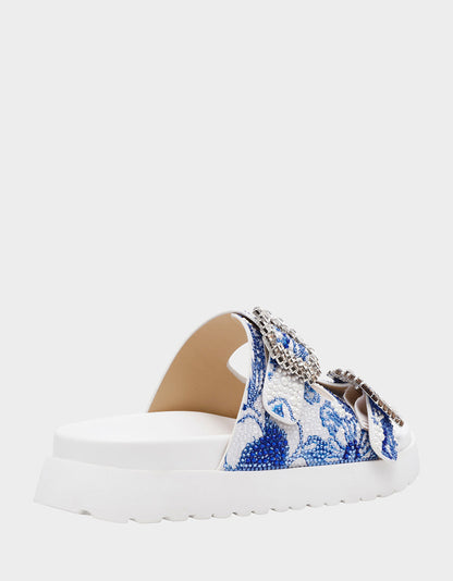 Betsey Johnson New - MATIE WHITE BLUE FLORAL Women's Footbed Slip-On Floral Rhinestone Sandal