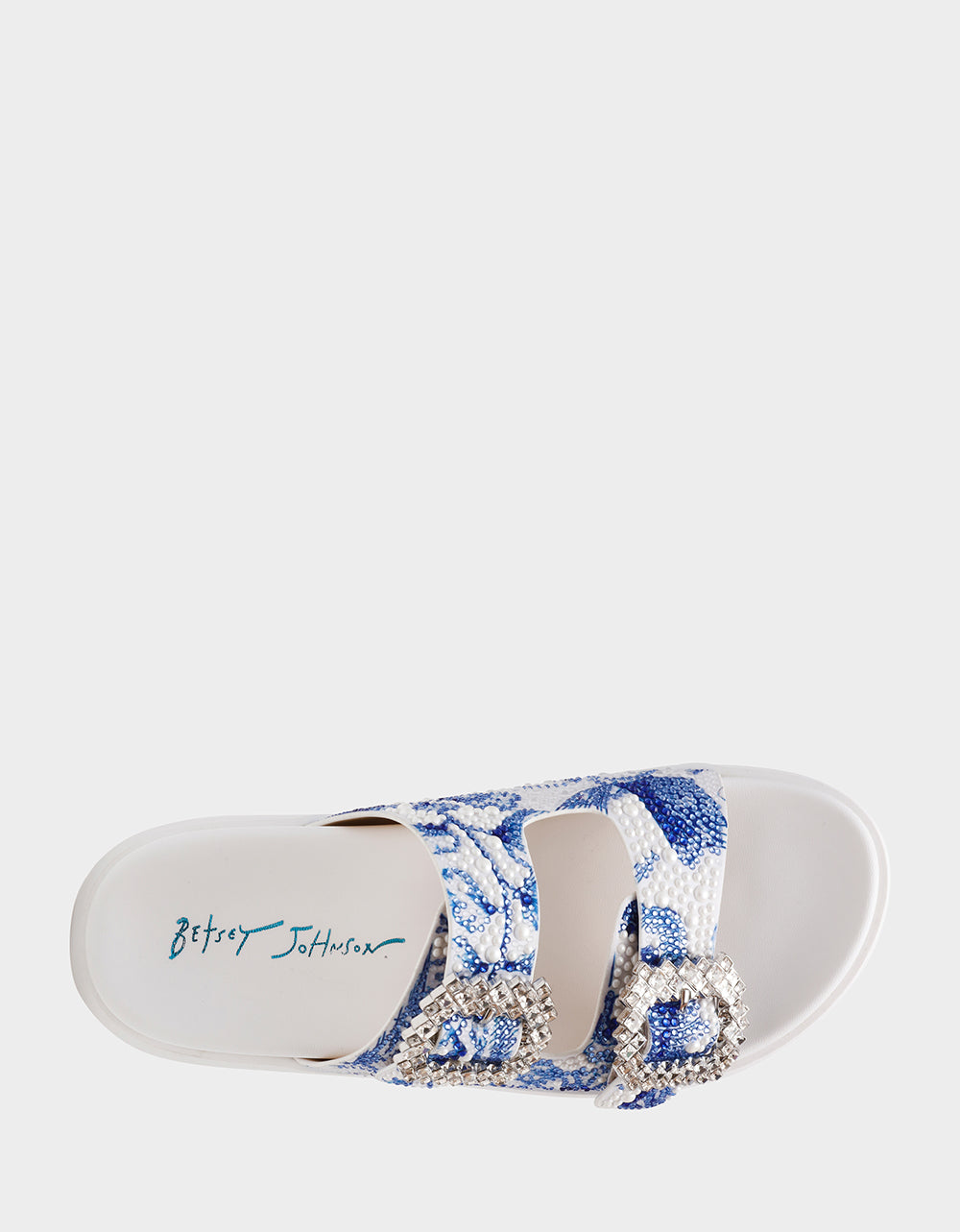 Betsey Johnson New - MATIE WHITE BLUE FLORAL Women's Footbed Slip-On Floral Rhinestone Sandal