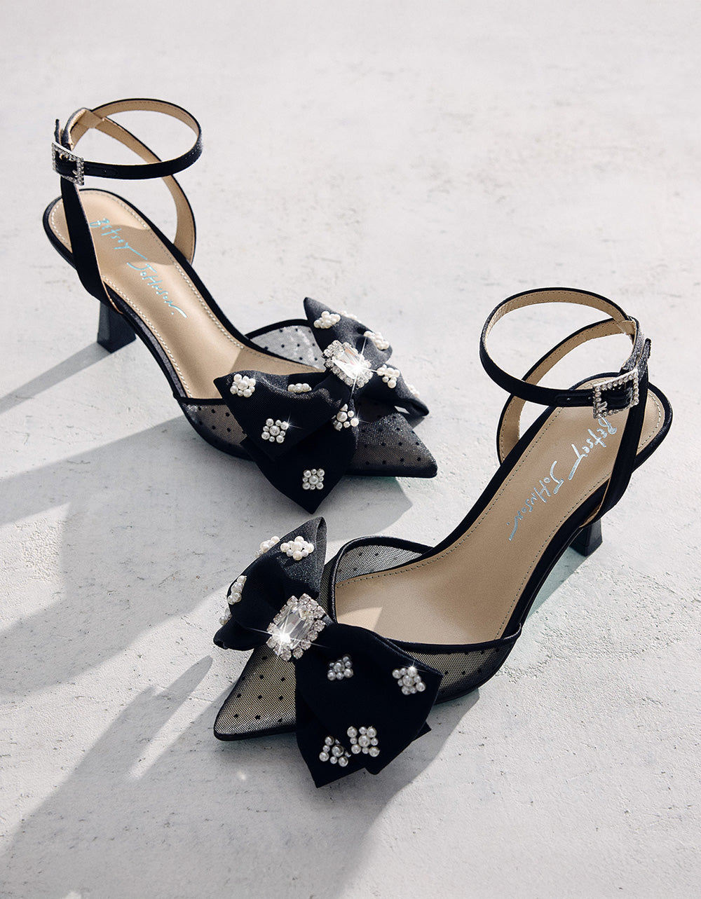 Betsey Johnson Recommended - MARK BLACK Pointed-Toe Mesh Pump Rhinestone Bow Women's Heel
