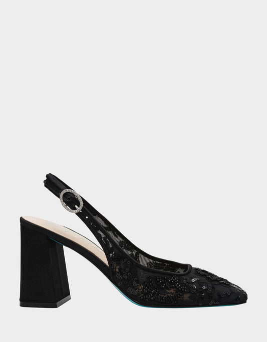 Betsey Johnson Value - NINAH BLACK Square-Toe Slingback Mesh Block Heels