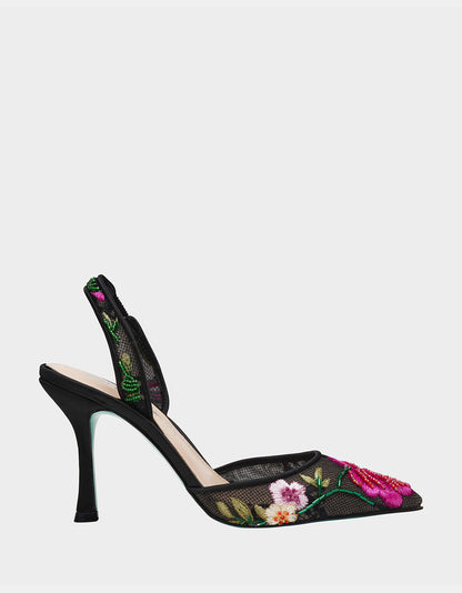 Betsey Johnson Special Offer - APRIL BLACK MULTI FLORAL Pointed-Toe Slingback Pump Heels