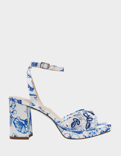 Betsey Johnson Essential - BRODY WHITE/BLUE FLORAL Women's Platform Block Floral Heel with Beaded Embellishments