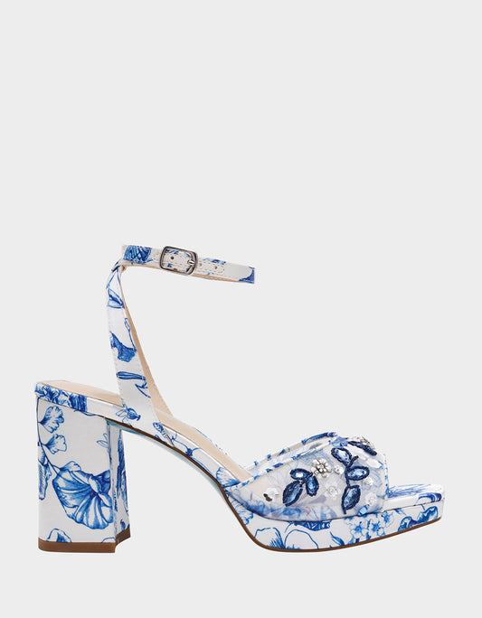 Betsey Johnson Essential - BRODY WHITE/BLUE FLORAL Women's Platform Block Floral Heel with Beaded Embellishments