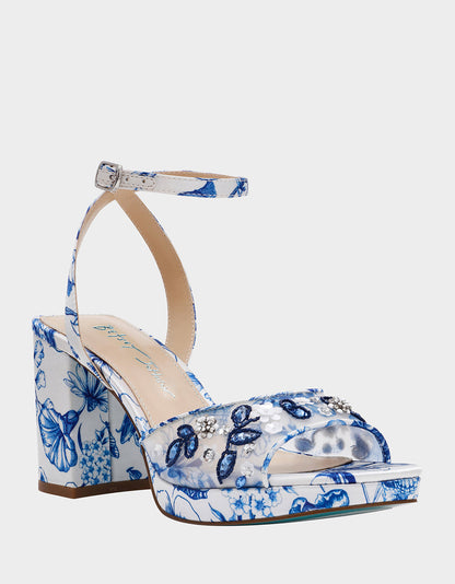 Betsey Johnson Essential - BRODY WHITE/BLUE FLORAL Women's Platform Block Floral Heel with Beaded Embellishments