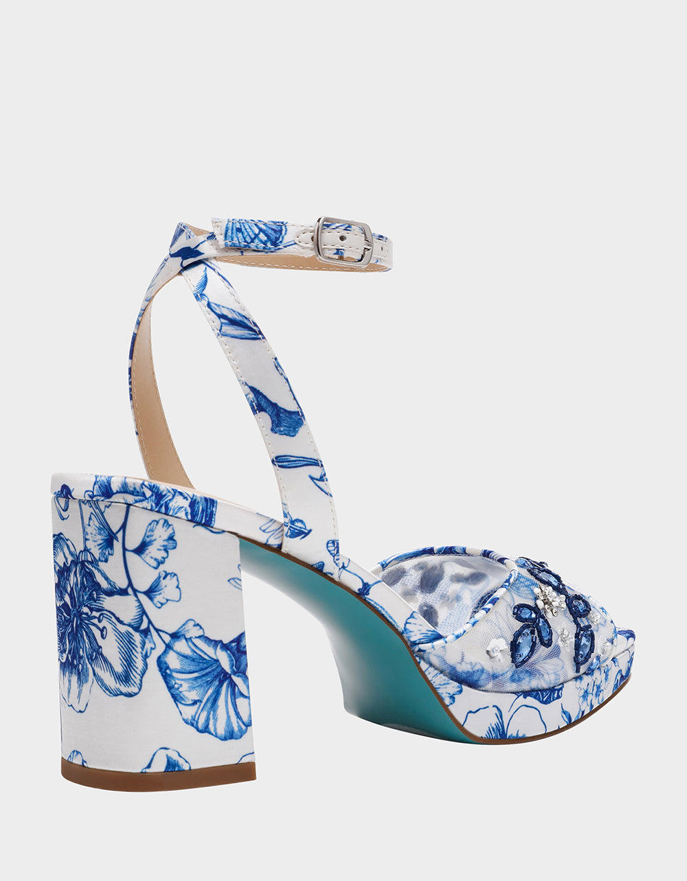 Betsey Johnson Essential - BRODY WHITE/BLUE FLORAL Women's Platform Block Floral Heel with Beaded Embellishments