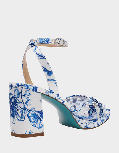 Betsey Johnson Essential - BRODY WHITE/BLUE FLORAL Women's Platform Block Floral Heel with Beaded Embellishments