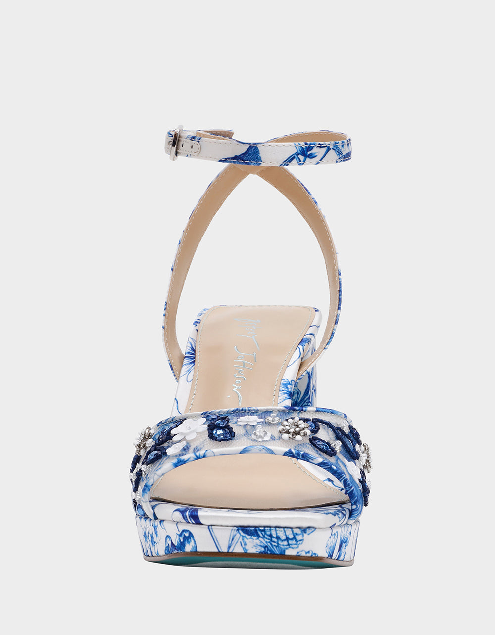 Betsey Johnson Essential - BRODY WHITE/BLUE FLORAL Women's Platform Block Floral Heel with Beaded Embellishments