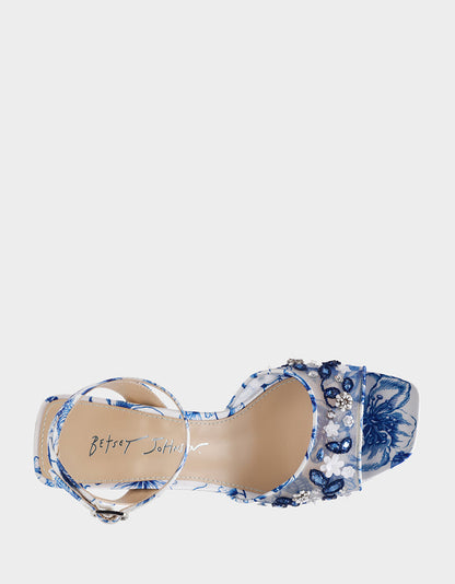 Betsey Johnson Essential - BRODY WHITE/BLUE FLORAL Women's Platform Block Floral Heel with Beaded Embellishments