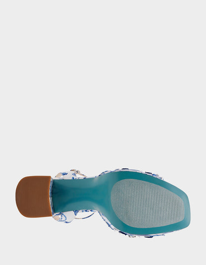 Betsey Johnson Essential - BRODY WHITE/BLUE FLORAL Women's Platform Block Floral Heel with Beaded Embellishments
