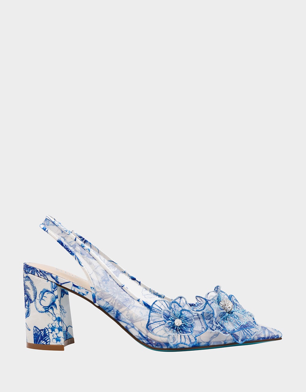 Betsey Johnson Trending - PETRA WHITE/BLUE FLORAL Slingback Floral Mesh Block Heel