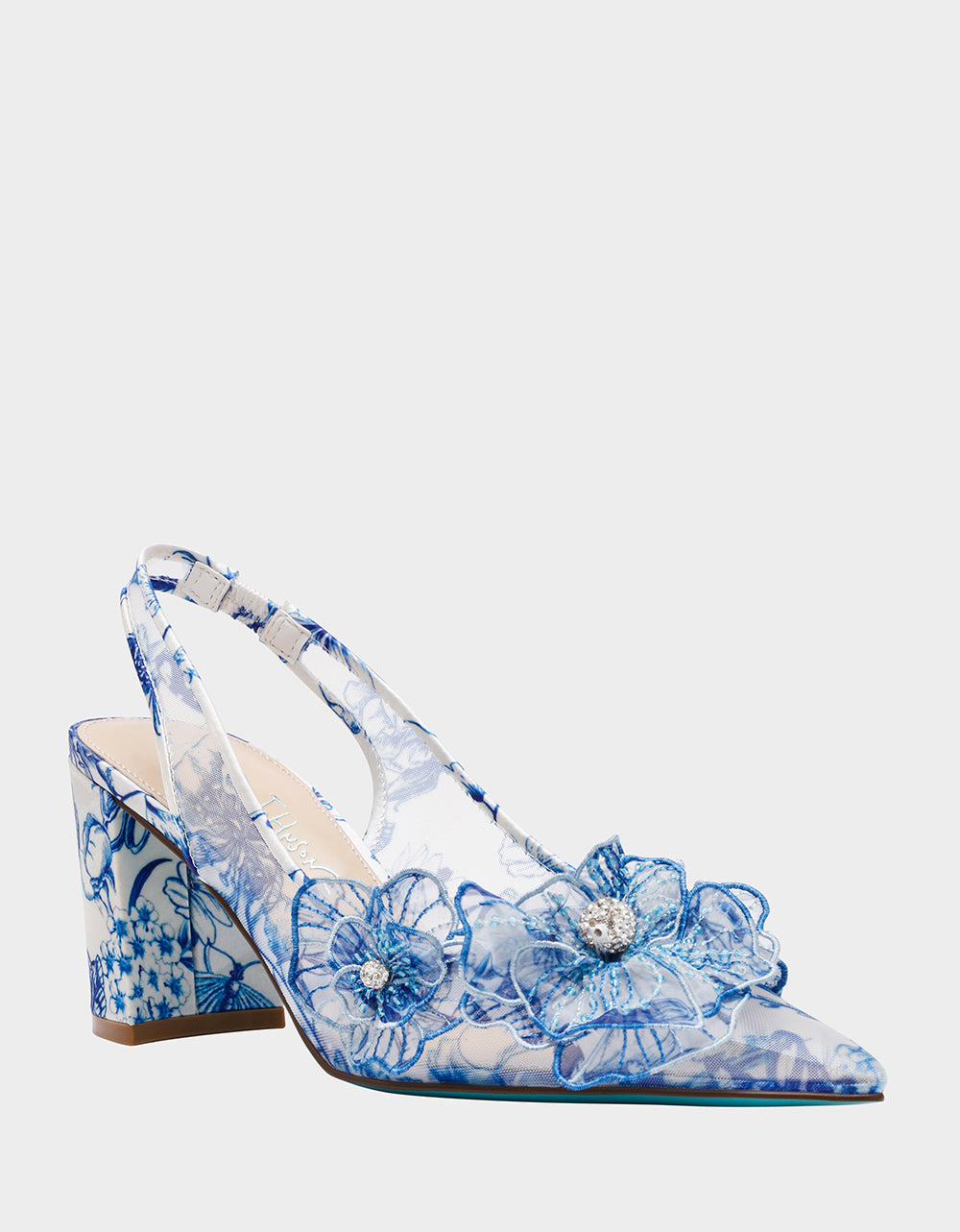 Betsey Johnson Trending - PETRA WHITE/BLUE FLORAL Slingback Floral Mesh Block Heel