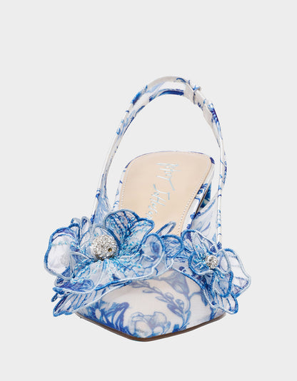 Betsey Johnson Trending - PETRA WHITE/BLUE FLORAL Slingback Floral Mesh Block Heel