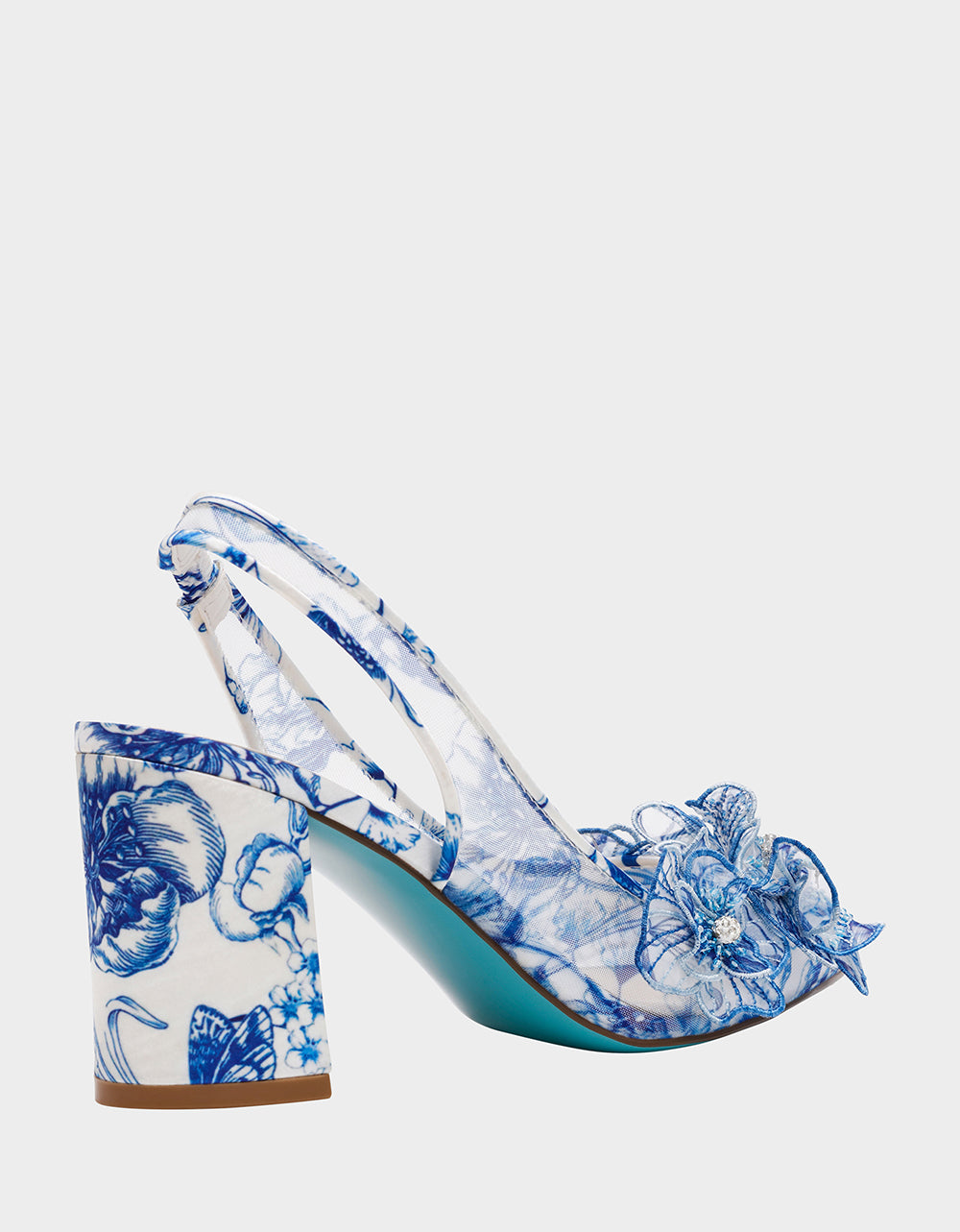 Betsey Johnson Trending - PETRA WHITE/BLUE FLORAL Slingback Floral Mesh Block Heel