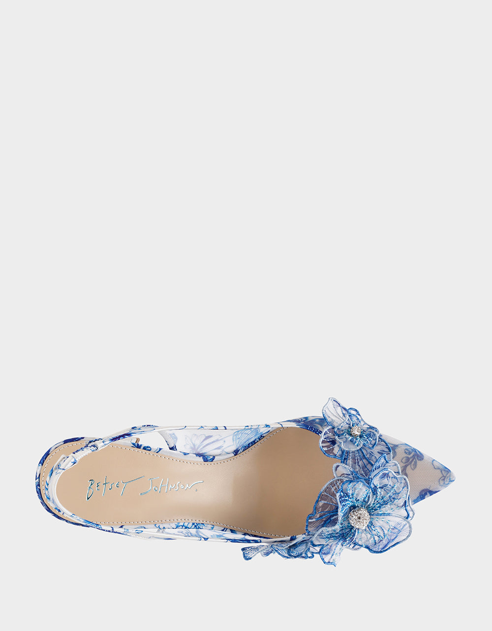 Betsey Johnson Trending - PETRA WHITE/BLUE FLORAL Slingback Floral Mesh Block Heel