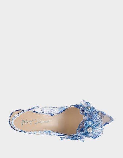 Betsey Johnson Trending - PETRA WHITE/BLUE FLORAL Slingback Floral Mesh Block Heel
