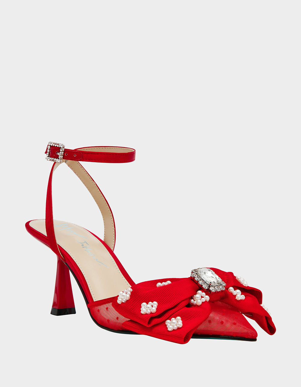 Betsey Johnson Value - MARK RED Pointed-Toe Mesh Pump Rhinestone Bow Women's Heel