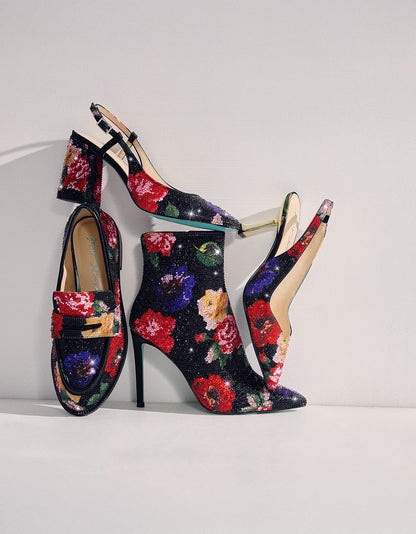 Betsey Johnson New - CLARK HEELS BLACK FLOWER MULTI Slingback Women's Kitten Heel