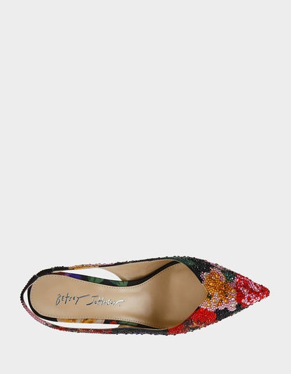 Betsey Johnson New - CLARK HEELS BLACK FLOWER MULTI Slingback Women's Kitten Heel