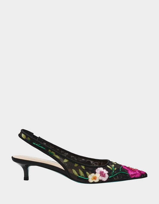 Betsey Johnson Great Value - FELIX BLACK MULTI FLORAL Pointed-Toe Slingback Pump Kitten Heel