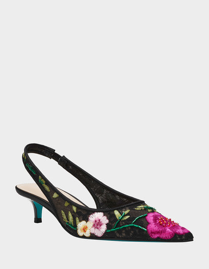 Betsey Johnson Great Value - FELIX BLACK MULTI FLORAL Pointed-Toe Slingback Pump Kitten Heel