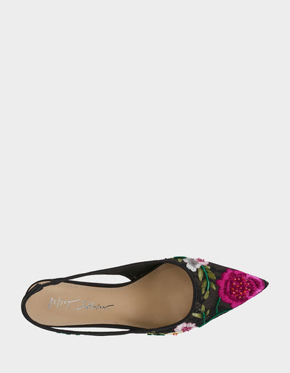 Betsey Johnson Great Value - FELIX BLACK MULTI FLORAL Pointed-Toe Slingback Pump Kitten Heel