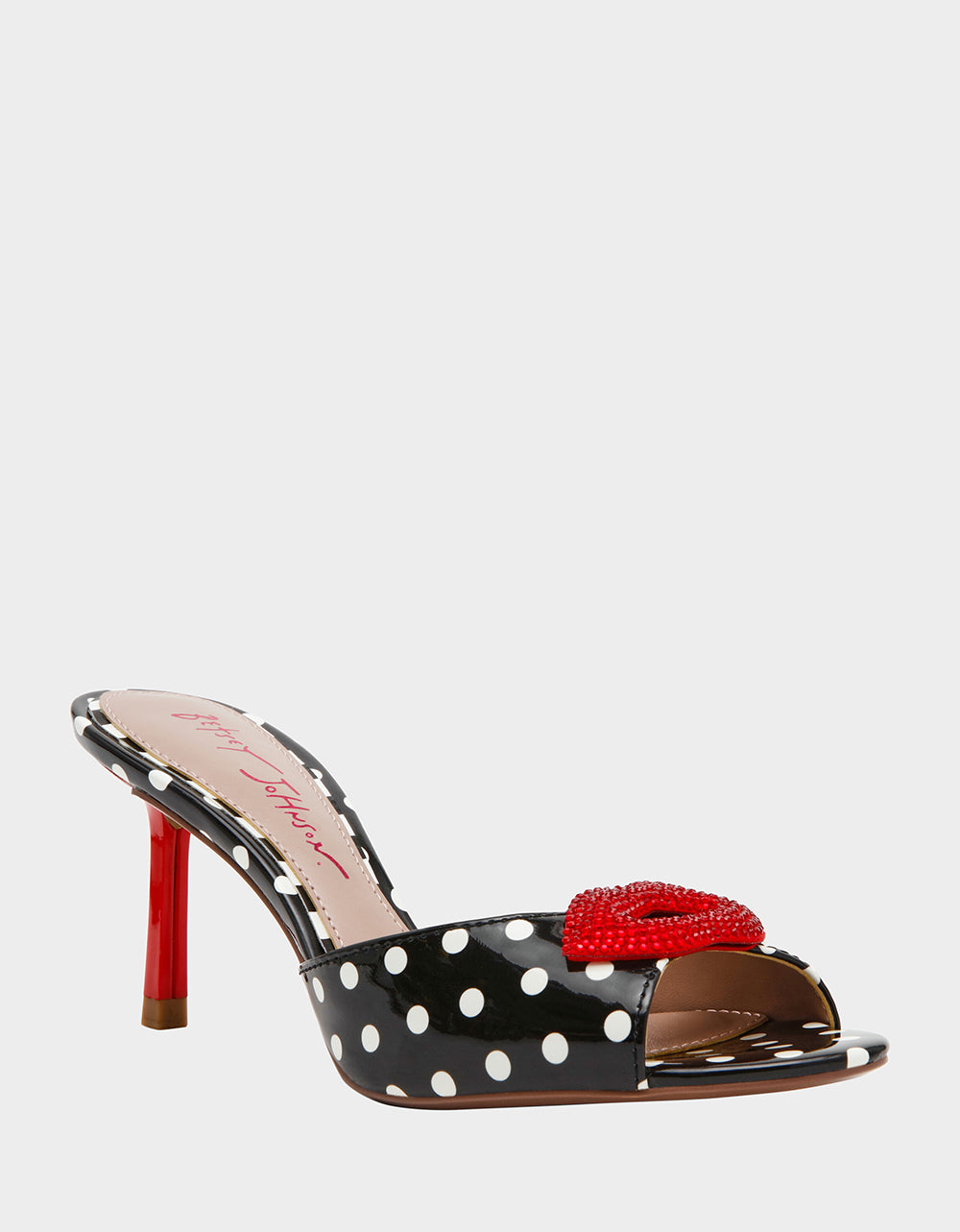 Betsey Johnson Value - CASIDY WHITE BLACK POLKA DOT Women's Polka Dot Mule Heels with Rhinestone Lip