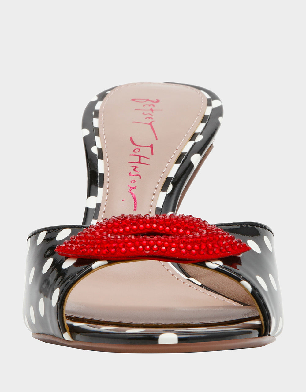 Betsey Johnson Value - CASIDY WHITE BLACK POLKA DOT Women's Polka Dot Mule Heels with Rhinestone Lip