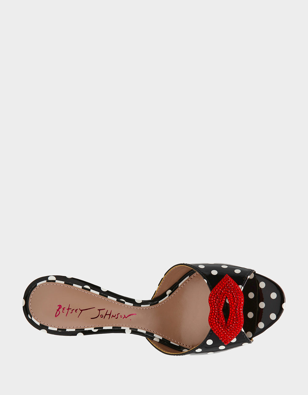 Betsey Johnson Value - CASIDY WHITE BLACK POLKA DOT Women's Polka Dot Mule Heels with Rhinestone Lip