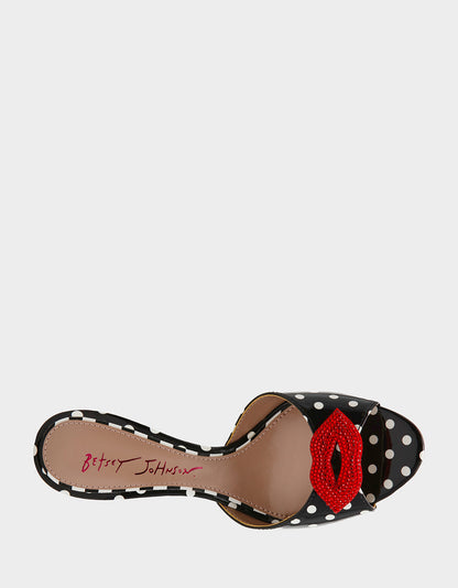 Betsey Johnson Value - CASIDY WHITE BLACK POLKA DOT Women's Polka Dot Mule Heels with Rhinestone Lip