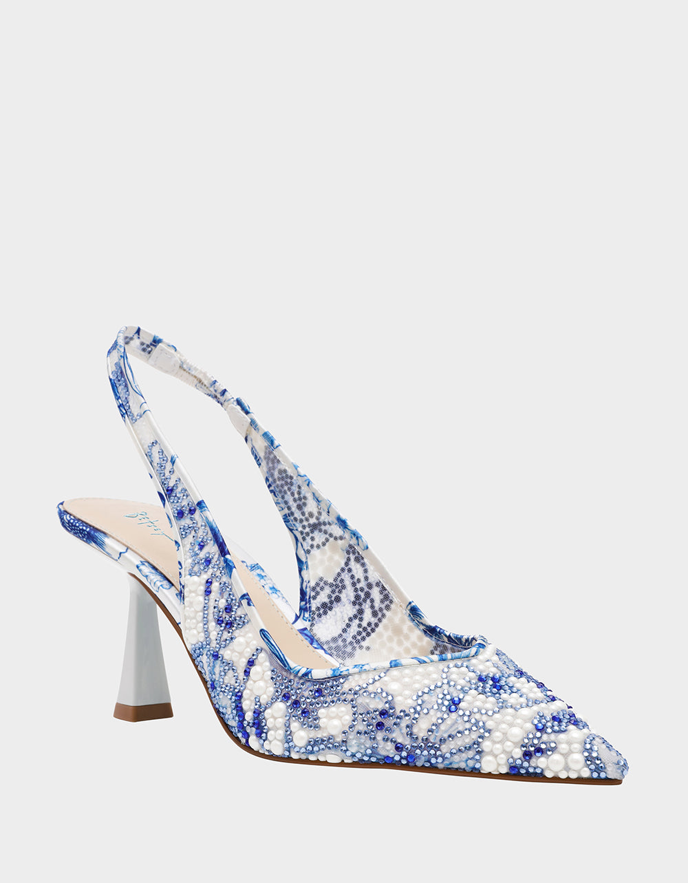Betsey Johnson New - CLARK HEELS WHITE/BLUE FLORAL Women's Sling-Back Mesh Rhinestone Heel
