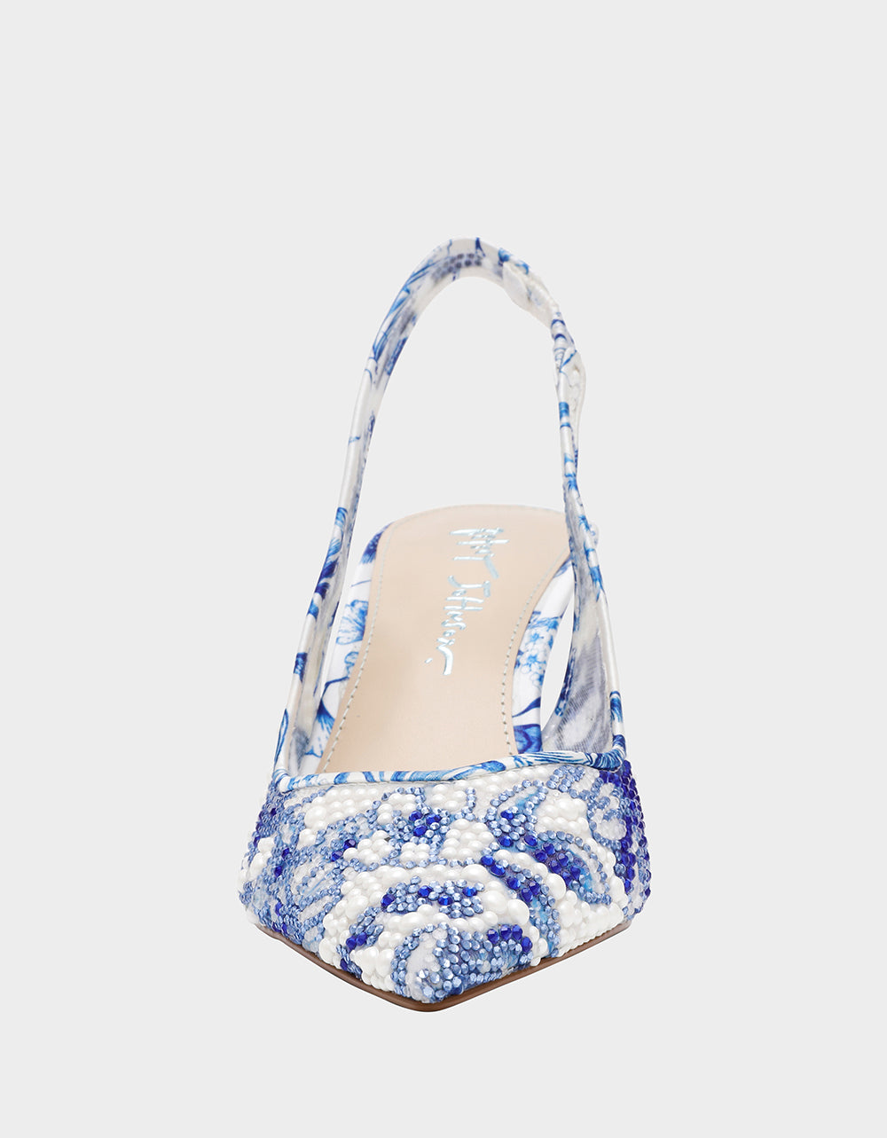 Betsey Johnson New - CLARK HEELS WHITE/BLUE FLORAL Women's Sling-Back Mesh Rhinestone Heel