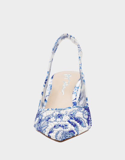 Betsey Johnson New - CLARK HEELS WHITE/BLUE FLORAL Women's Sling-Back Mesh Rhinestone Heel
