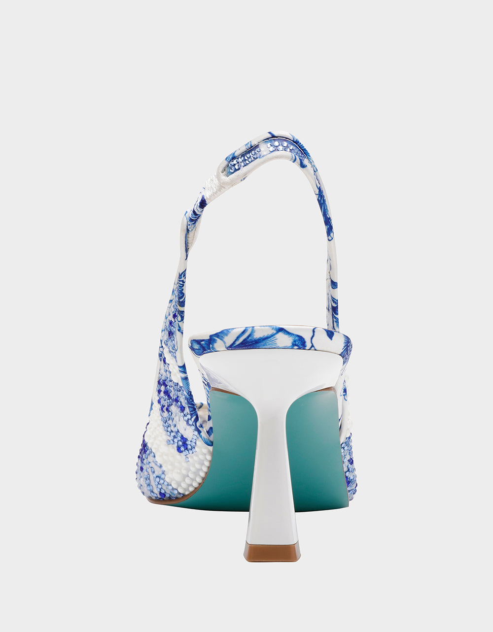 Betsey Johnson New - CLARK HEELS WHITE/BLUE FLORAL Women's Sling-Back Mesh Rhinestone Heel